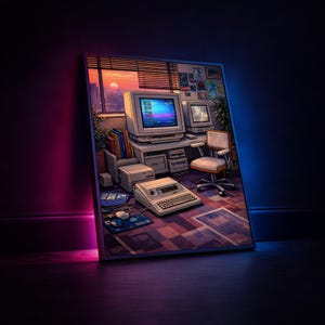 Puede incluir: Una obra de arte enmarcada representa una configuración de computadora retro en una habitación con vista al atardecer. La escena incluye monitores de computadora antiguos, un teclado y una silla de escritorio. La paleta de colores presenta tonos cálidos y una estética nostálgica.