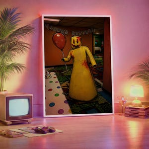May include: A framed wall art print depicting a yellow, cylindrical character with a smiling face and red blood-like splatters, holding a single red balloon. The background shows a dimly lit room with a Happy Birthday banner and a polka dot table.
