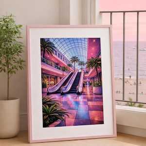 May include: A framed print featuring a vibrant illustration of an indoor shopping mall with escalators, palm trees, and neon lights. The artwork has a retro aesthetic with a pink and purple color palette, evoking a sense of nostalgia and a tropical vibe.
