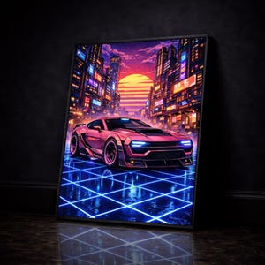 Puede incluir: Impresión artística enmarcada que presenta un coche deportivo rosa futurista en un paisaje urbano iluminado con neón. La obra de arte muestra una vibrante puesta de sol, edificios altos y una rejilla azul brillante en el suelo.
