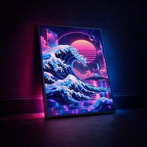 Synthwave Ocean Wave Wall Art – Neon Retro Japanese Landscape Poster (Digital Download)
