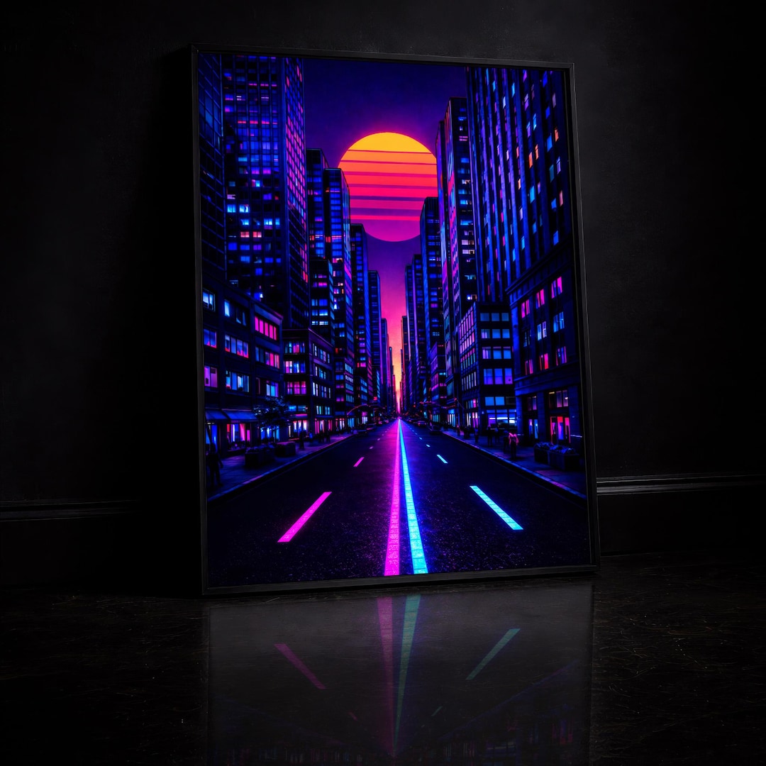 Neon Vaporwave City Wall Art Printable – Retro 80s Synthwave Sunset ...
