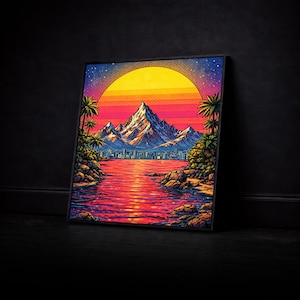 May include: A framed art print featuring a vibrant sunset over a mountain range and a body of water. The artwork showcases a colorful sky with a large yellow sun, palm trees, and a city skyline. The water reflects the sunset's hues.