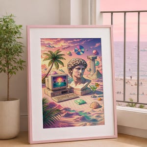 May include: A framed digital art print featuring a retro computer, a bust of a classical sculpture, and a tropical beach scene. The artwork has a pastel color palette with a pink frame.