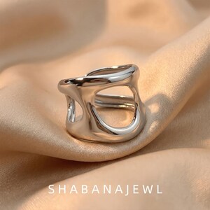 Silver Irregular Twisted Open Ring Modern Wide Adjustable Statement Ring For Women