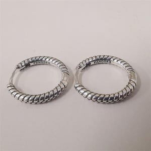May include: A pair of silver hoop earrings featuring a textured, twisted rope-like design along the outer surface. Each earring is engraved with the brand name PANDORA on the inner side of the hoop, showcasing a polished metallic finish.