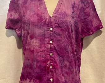 Tie dyed unique upcycled women’s blouse shirt magenta