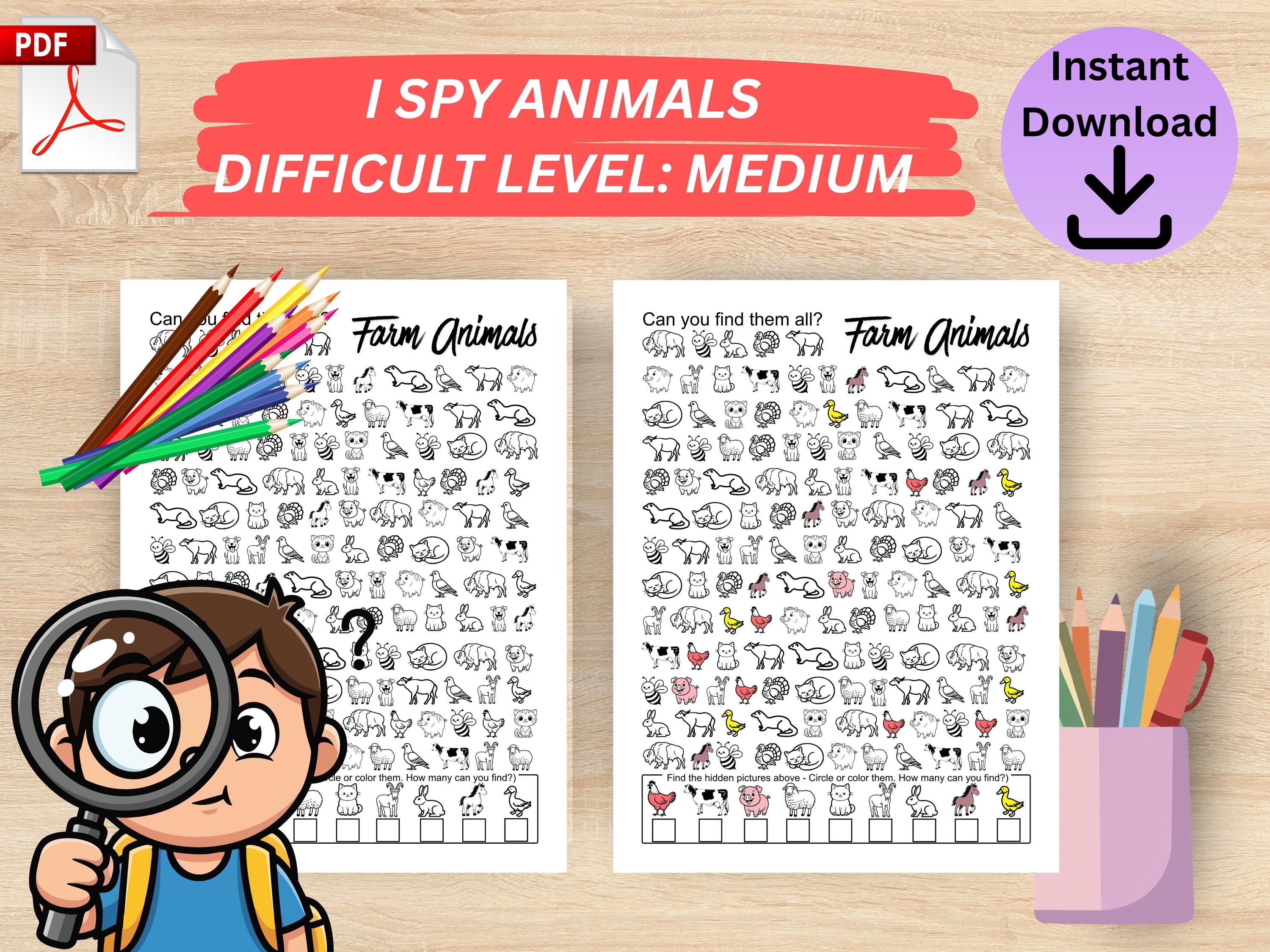 I Spy Animal Coloring Pages Farm and Safari Animals, Printable Activity ...