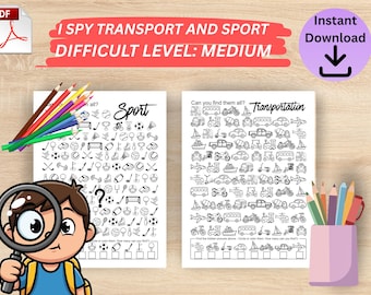 Pagine da colorare di sport e veicoli I Spy, attività stampabili per bambini, schede didattiche Montessori