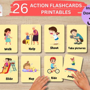 May include: A set of 26 action flashcards featuring illustrations of children engaged in different actions. The cards display words such as "Walk," "Help," "Shout," and "Take pictures." The image also includes the text "Instant Download."