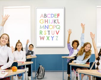 Alfabeto arcobaleno, poster per la scuola domestica, poster ABC con acquerello, decorazioni da parete per la sala giochi arcobaleno Montessori.