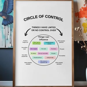 May include: A framed print titled "CIRCLE OF CONTROL" with text about things one can and cannot influence. The central graphic is a circle with phrases like "My choices" and "The past." The print is in a room with abstract art.