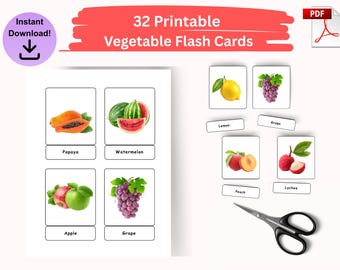 Schede didattiche stampabili sulla frutta per bambini in età prescolare, set di 32 schede, materiale Montessori