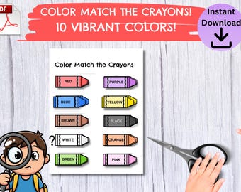 Attività di abbinamento dei colori con i pastelli a cera, apprendimento Montessori (download digitale)