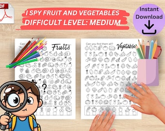 Pagine da colorare di frutta e verdura "I Spy", attività stampabili per bambini, schede didattiche Montessori