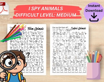 Disegni da colorare di animali della fattoria e della savana, attività stampabile per bambini, Montessori