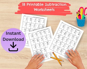 Schede di lavoro stampabili per sottrazioni da 1 a 20 / Schede di lavoro matematiche con spazi vuoti da riempire per bambini / Istruzione parentale e in classe