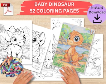 Pagine da colorare con dinosauri, attività di motricità fine per la scuola materna, 52 fogli con dinosauri (download PDF)