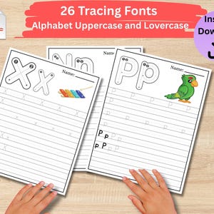 May include: Educational printable worksheets for tracing uppercase and lowercase letters. The worksheets feature the text "26 Tracing Fonts Alphabet Uppercase and Lovercase" and include illustrations of a xylophone and a parrot.