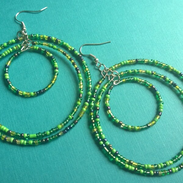 Emerald City - Green Lightweight 3 Ring Beaded Hoop Earrings