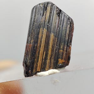 Puede incluir: Un cristal de turmalina negra en bruto, con estrías verticales y destellos dorados y marrones. La gema se alza sobre una base blanca, mostrando su forma natural y sin pulir. La superficie del cristal refleja la luz, resaltando su textura.