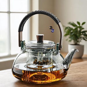 May include: A clear glass teapot with a wide base, a removable glass infuser containing loose tea leaves, and a lid with a dark wooden knob. The teapot features a curved handle wrapped in black textured material with wooden accents.
