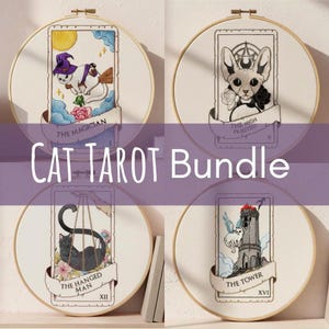 May include: A collection of four embroidered cat tarot cards in wooden hoops. Each card features a different cat illustration with tarot card titles like "The Magician" and "The High Priestess". The text "CAT TAROT Bundle" is displayed.