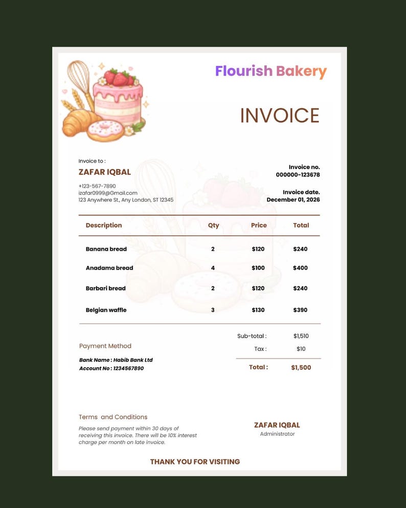 Editable Bakery Invoice Template – Printable Billing Form (instant ...