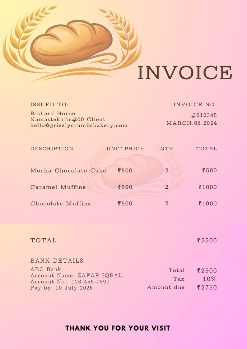 Editable Bakery Invoice Template for Cake Orders | Customizable Canva ...