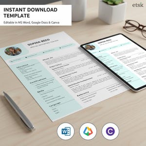 Może przedstawiać: Szablon CV dla nauczyciela edukacji specjalnej, wyświetlany na papierze i tablecie. Szablon zawiera sekcje dotyczące wykształcenia, doświadczenia, umiejętności i referencji. Tekst "INSTANT DOWNLOAD TEMPLATE" znajduje się na górze.