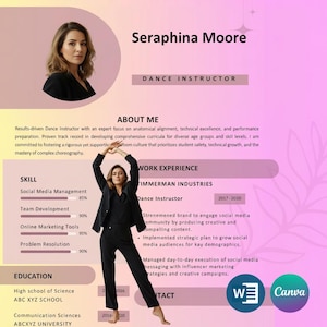 CV-mall för danslärare, 3-sidigt CV, personligt brev, visitkort, Canva MS Word