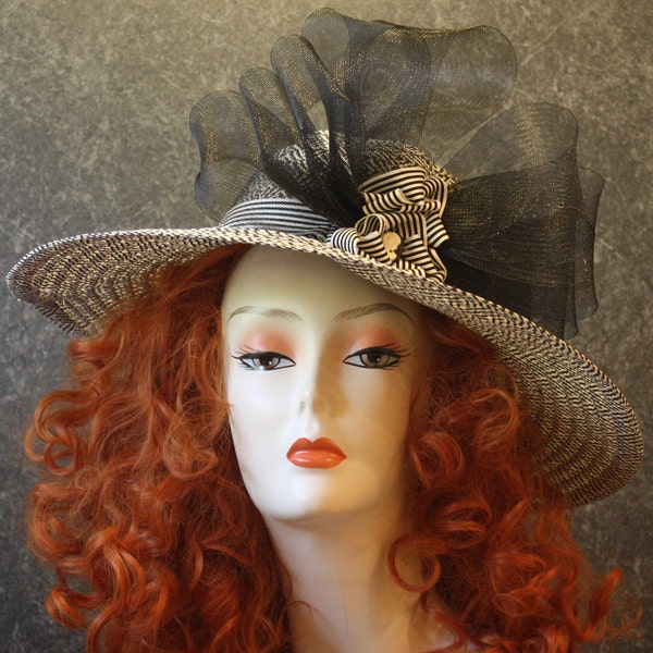 NOW 30 DOLLARS OFF! Kentucky Derby Hat Downton Abbey Victorian Fascinator Garden Party Tea Party Wedding Party Woman's  Ecru & Black Hat 607