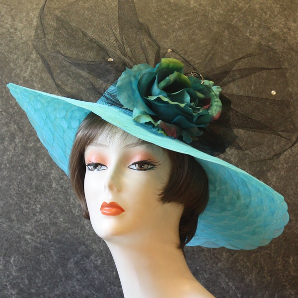 NOW HALF OFF! Turquoise Kentucky Derby Hat Downton Abbey Garden Party Church Outdoor Wedding Special Occasion Hat Woman’s Turquoise Hat 904