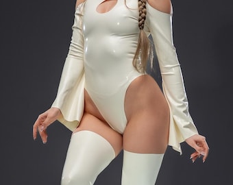 Cosplay Outfit - Latex Bodysuit with Flared Sleeves and Stockings for Woman - Longsleeve Body - Female Lingerie - Anime Fetish