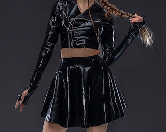 Female BDSM Latex Set - Biker Jacket Top Zipper - Long Spiked Gloves - Mini Skirt - Fetish Outfit for Woman