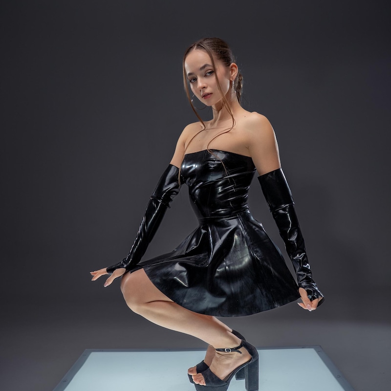 black corset homecoming dress Lace Strapless with Bodice and Ruffled S Color:CUSTOM COLOR Woman poses in long Amaya
