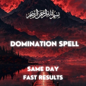 Pode incluir: Um gráfico digital apresentando uma paisagem montanhosa vermelho-escura ao pôr do sol com um píer de madeira estendendo-se sobre a água. O texto diz: Bismillah, DOMINATION SPELL, SAME DAY, FAST RESULTS. Tons carmesim e pretos.