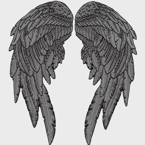 May include: A pair of detailed, gray embroidered angel wings. The wings are symmetrical, with each side mirroring the other. The design features layered feathers, creating a textured appearance. The wings are set against a plain, light background.