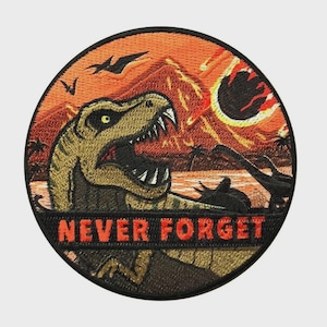 May include: Embroidered patch featuring a Tyrannosaurus Rex with an open mouth, set against a fiery sunset with the text "NEVER FORGET". The design includes silhouettes of dinosaurs and flying creatures, with a circular shape.
