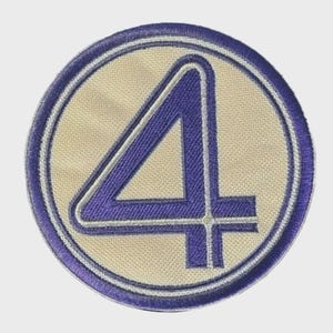 May include: Embroidered patch featuring a large purple number "4" inside a cream-colored circle, outlined in purple and white. The patch has a textured appearance, suggesting it's made of fabric and thread. The design is simple and bold.