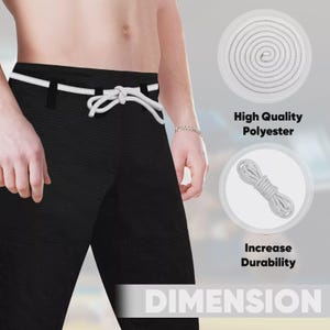 May include: Black martial arts pants with a white drawstring. The image highlights the high-quality polyester material and the durability of the pants. The word "DIMENSION" is visible at the bottom of the image.