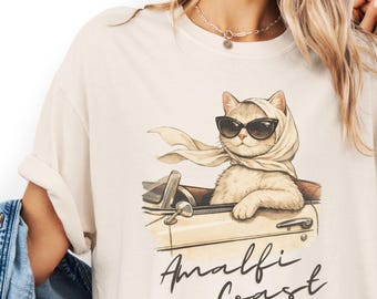 Camiseta de gato de la Costa Amalfitana, estilo clásico, camiseta vintage de gatito, regalo para amantes de los gatos, conjunto de vacaciones de verano, camiseta Comfort Colors