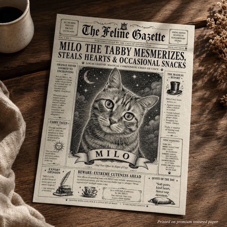 personalized-cat-newspaper-portrait-custom-vintage-cat-art-funny-cat