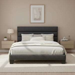 Estructura de cama tapizada en terciopelo con plataforma y cabecero, soporte de listones de madera.