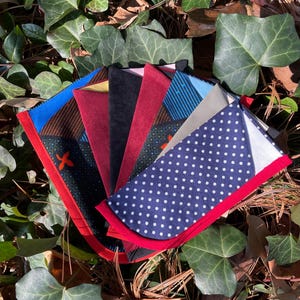 May include: A collection of colorful fabric squares, fanned out against a backdrop of green leaves and brown foliage. The squares feature various patterns, including polka dots, stripes, and floral designs, with red borders. The fabrics are in shades of blue, red, black, and gray.