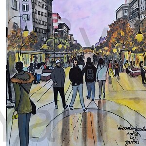 May include: Watercolor painting of a city street scene with pedestrians and buildings. The artwork features a boulevard with people walking, trees, and streetlights. The text "Vitosha boulevard" and the artist's signature are visible.