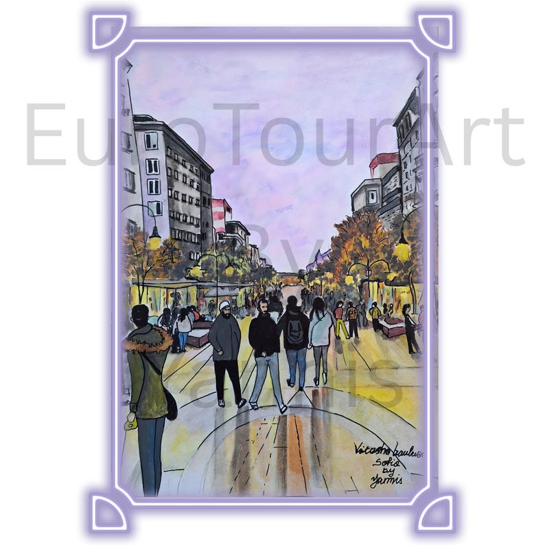 May include: Watercolor painting of a city street scene with pedestrians and buildings. The artwork is framed with a purple border and includes the text "Euro Tour Art" and artist's signature.