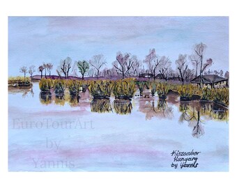 Original Watercolor Painting - Kiszombor Hungary Landscape, Lake Reflection Wall Art, Hand-painted by Yannis