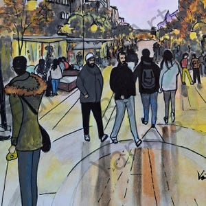 May include: Watercolor painting of a city street scene with pedestrians. The artwork features figures walking on a wet, reflective surface, with buildings and trees in the background. The color palette includes muted tones of gray, brown, and yellow.