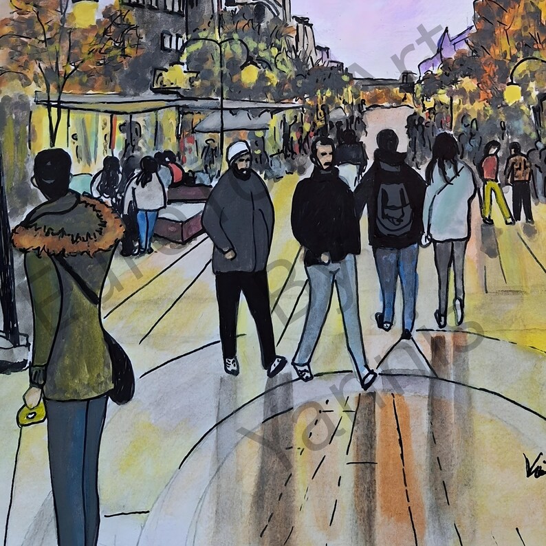 May include: Watercolor painting of a city street scene with pedestrians. The artwork features figures walking on a wet, reflective surface, with buildings and trees in the background. The color palette includes muted tones of gray, brown, and yellow.